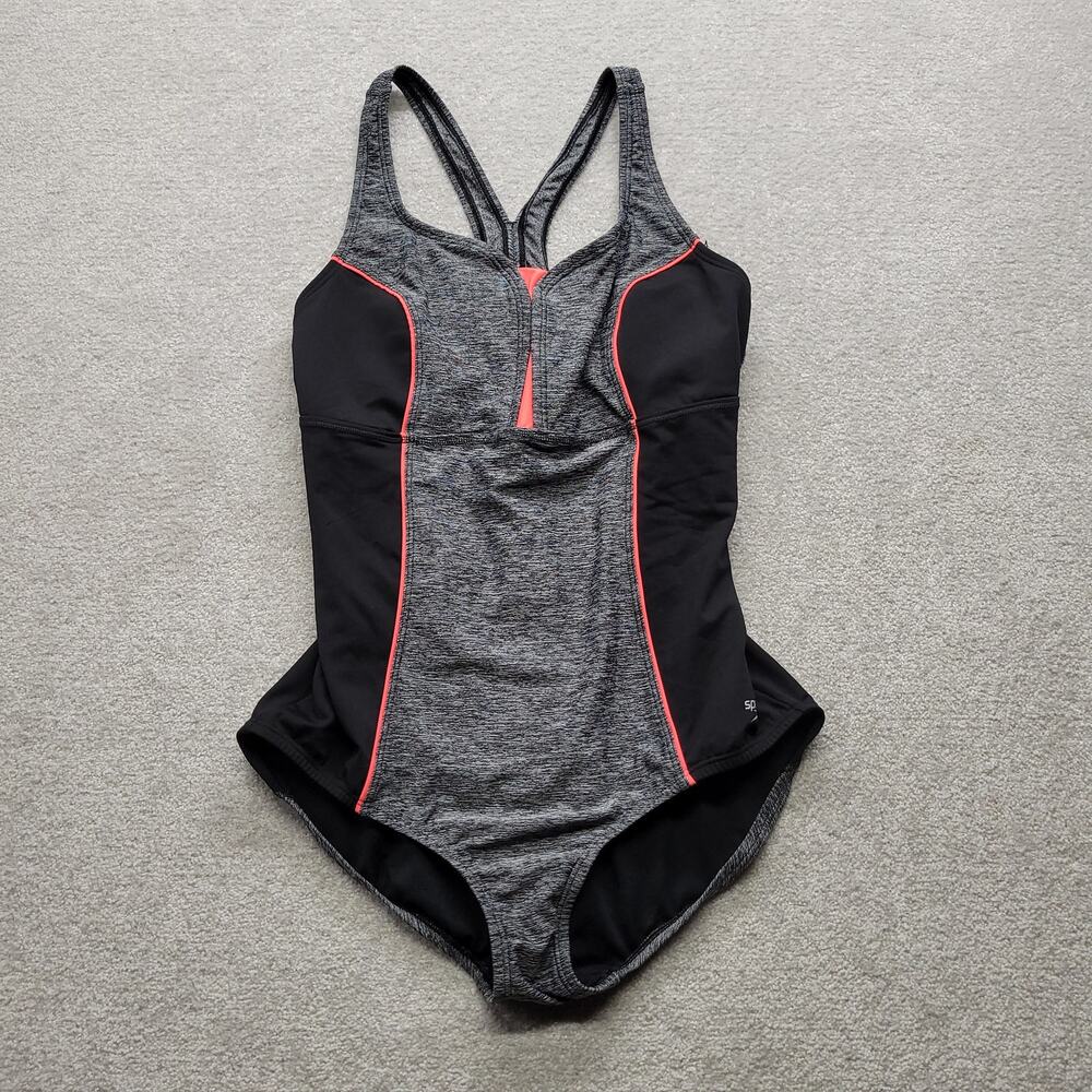 Speedo Womens Size 14 One Piece Swimsuit Gray Black Pink Racerback Athletic Swim